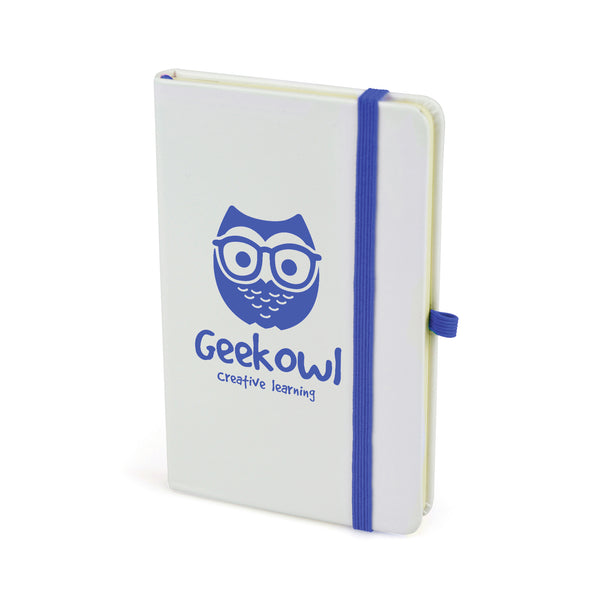 Branded A6 White Notebook with bookmark, pen loop, closure.
