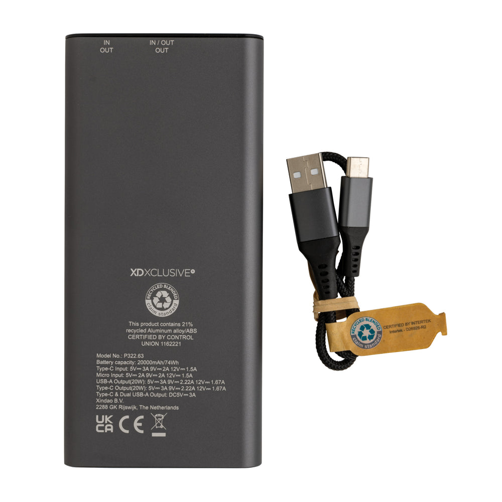 Branded Terra RCS recycled 20W aluminium powerbank 20.000 mAh