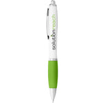 Nash ballpoint pen with white barrel and lime grip. Branded down the barrel