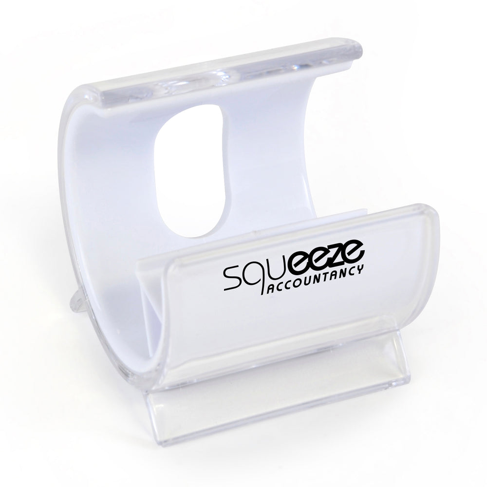 Branded Turbo Desk Phone Holder. Solid Colour Inner Plastic + Clear Cover