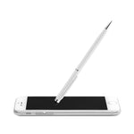 Twist and Touch ball pen in white colour, with stylus tip on a phone
