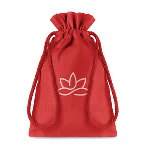 Small Cotton draw cord bag in red with company logo branded to the front