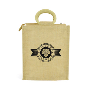 Laminated Jute Lunch Bag with zip closure & loop handles