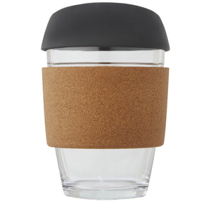 Lidan 360 ml borosilicate glass tumbler with cork grip and silicone lid