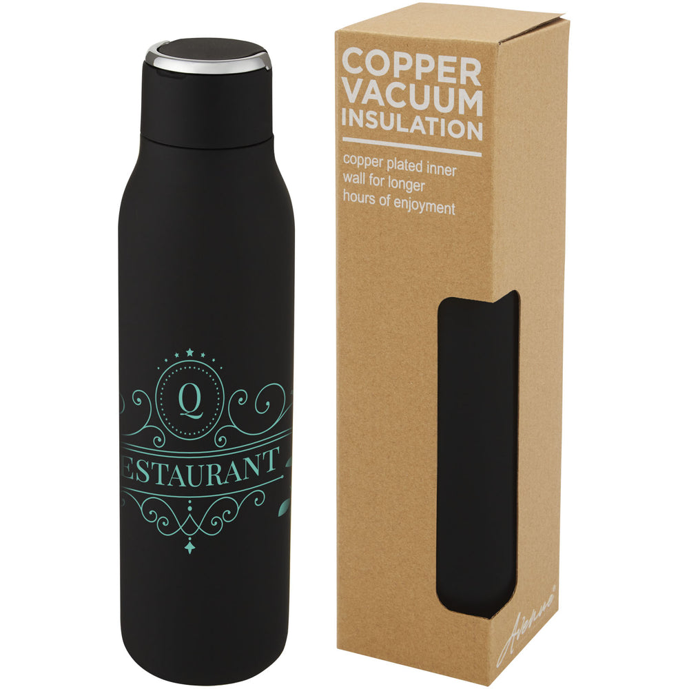 Branded Marka 600 ml copper vacuum insulated bottle with metal loop