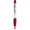 Curvy ballpoint pen with highlighter with a white barrel, red cap and grip