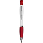Curvy ballpoint pen with highlighter with a white barrel, red cap and grip