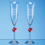 Champagne Flutes featuring 2 red love hearts, paired in an attractive gift box.