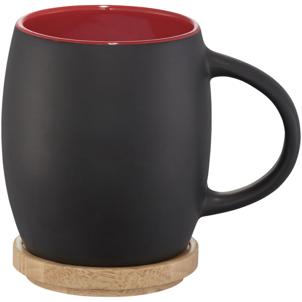 Branded Hearth 400 ml ceramic mug with wooden coaster/lid