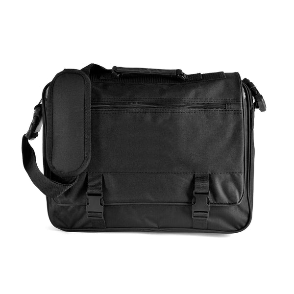 Nelson Satchel 600D Black laptop bag with flap and shoulder strap