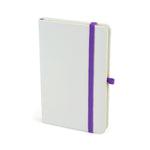 A6 White Notebook with bookmark, pen loop, closure.