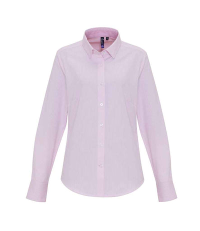 Premier Ladies Long Sleeve Striped Oxford Shirt White/Pink