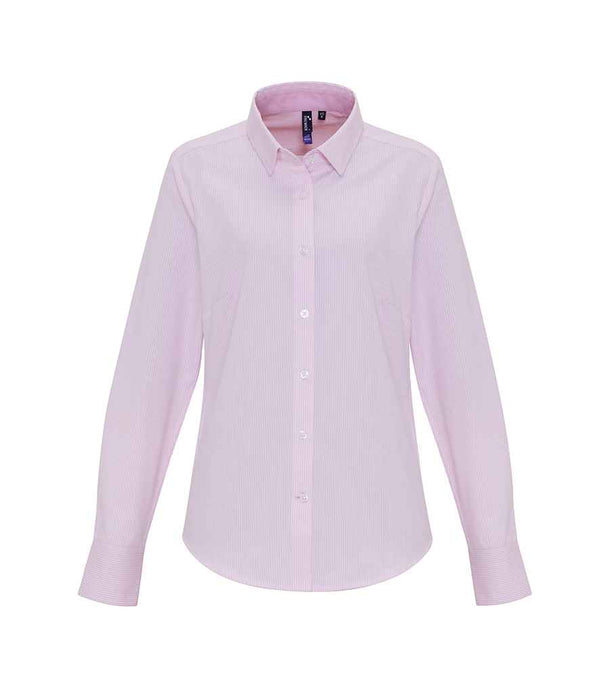 Premier Ladies Long Sleeve Striped Oxford Shirt White/Pink