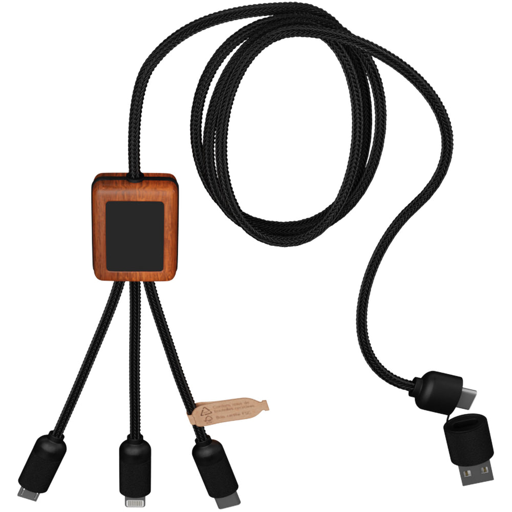 Branded SCX.design C38 5-in-1 rPET light-up logo charging cable with squared wooden casing
