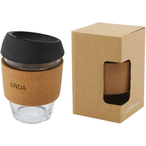 Lidan 360 ml borosilicate glass tumbler with cork grip and silicone lid