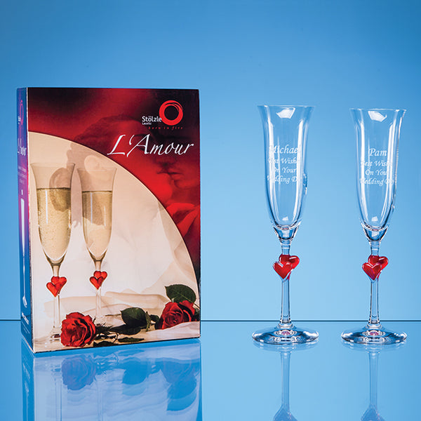 Champagne Flutes featuring 2 red love hearts, paired with an attractive gift box.