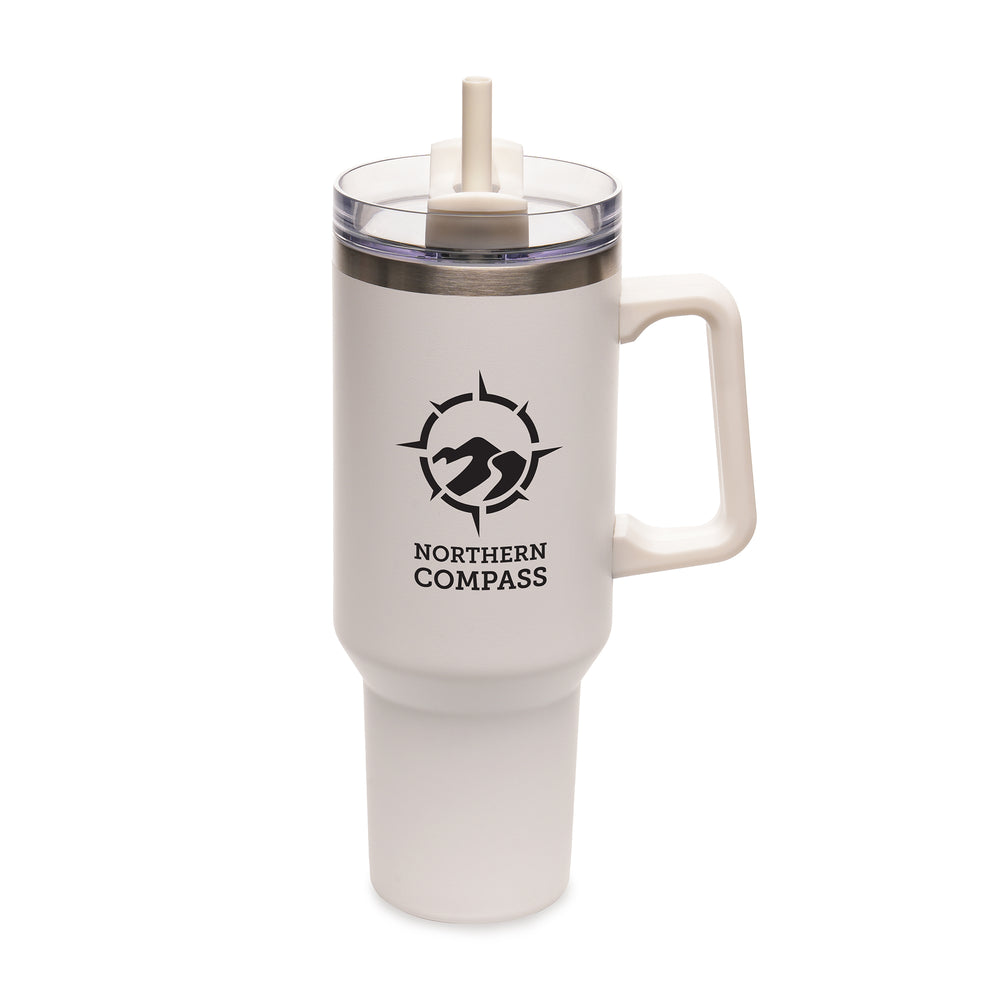 Everest WHITE Stainless Steel Mug with Straw and Handle - 1182ml