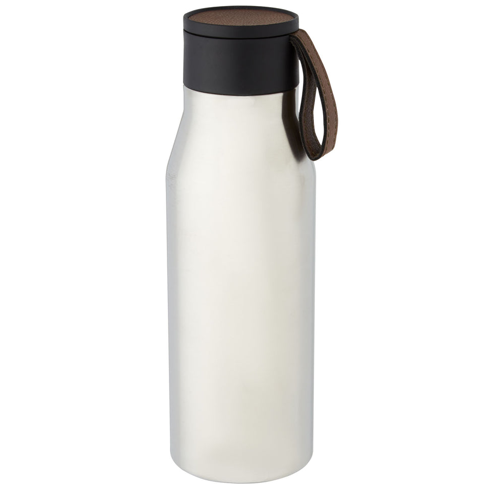 Branded Ljungan 500 ml copper vacuum insulated stainless steel bottle with PU leather strap and lid