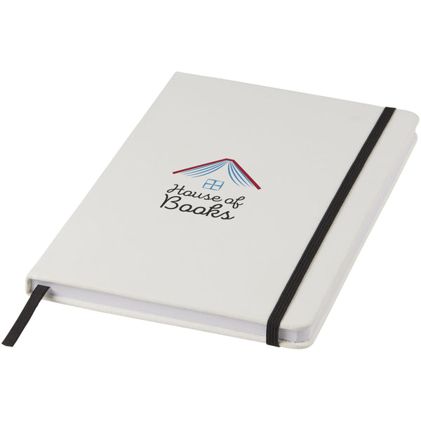 Branded Spectrum A5 white notebook with coloured strap