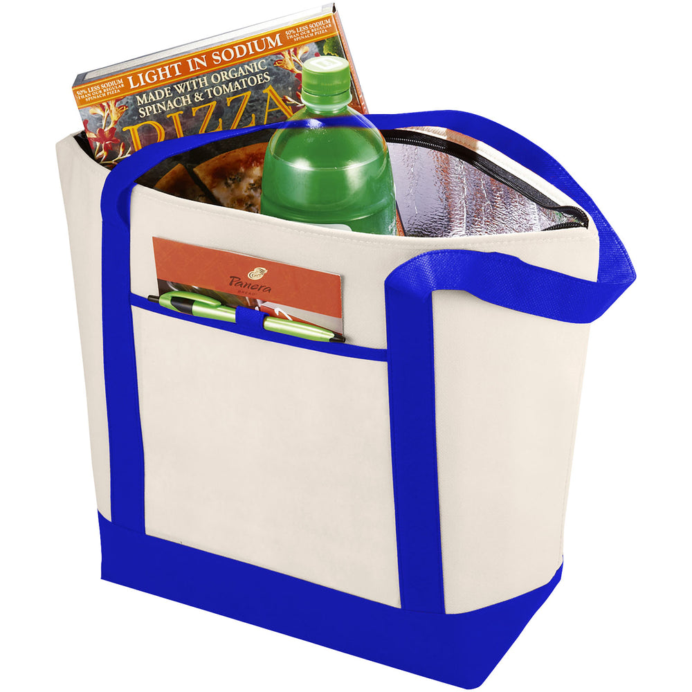 Branded cooler bag with blue handle and natural body
