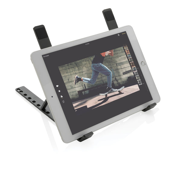 Branded Terra RCS recycled aluminium universal laptop/tablet stand