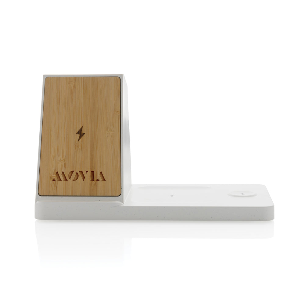 Branded Ontario recycled plastic & bamboo 3-in-1 wireless charger