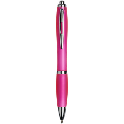 Curvy ballpoint pen with a pink frosted barrel and grip