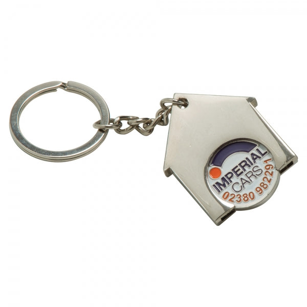 Branded House Shaped Trolley Coin Keyring (Stamped Iron Soft Enamel Infill)