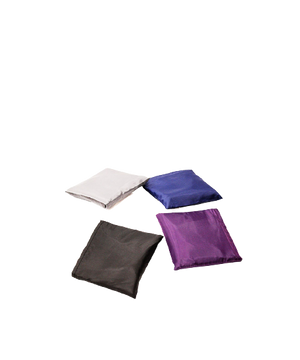 rPET Vest Style Foldable Bag - Tombili in all 4 colours folded up. Black, white, blue and purple.