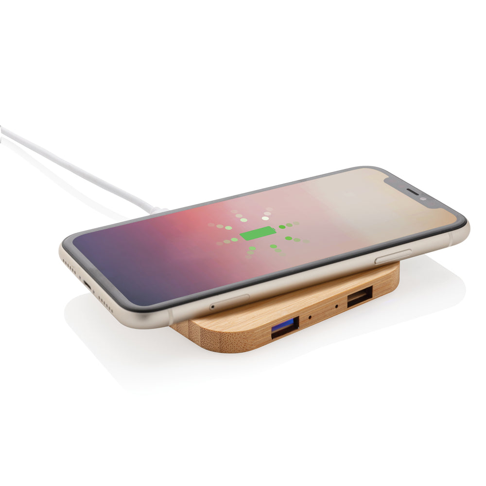 Branded Bamboo 5W wireless charger with USB