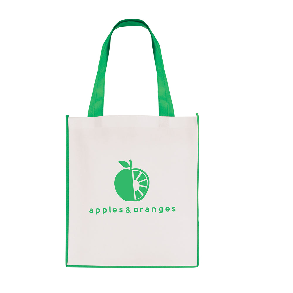Branded White non woven PP shopper with coloured piping trim and handles