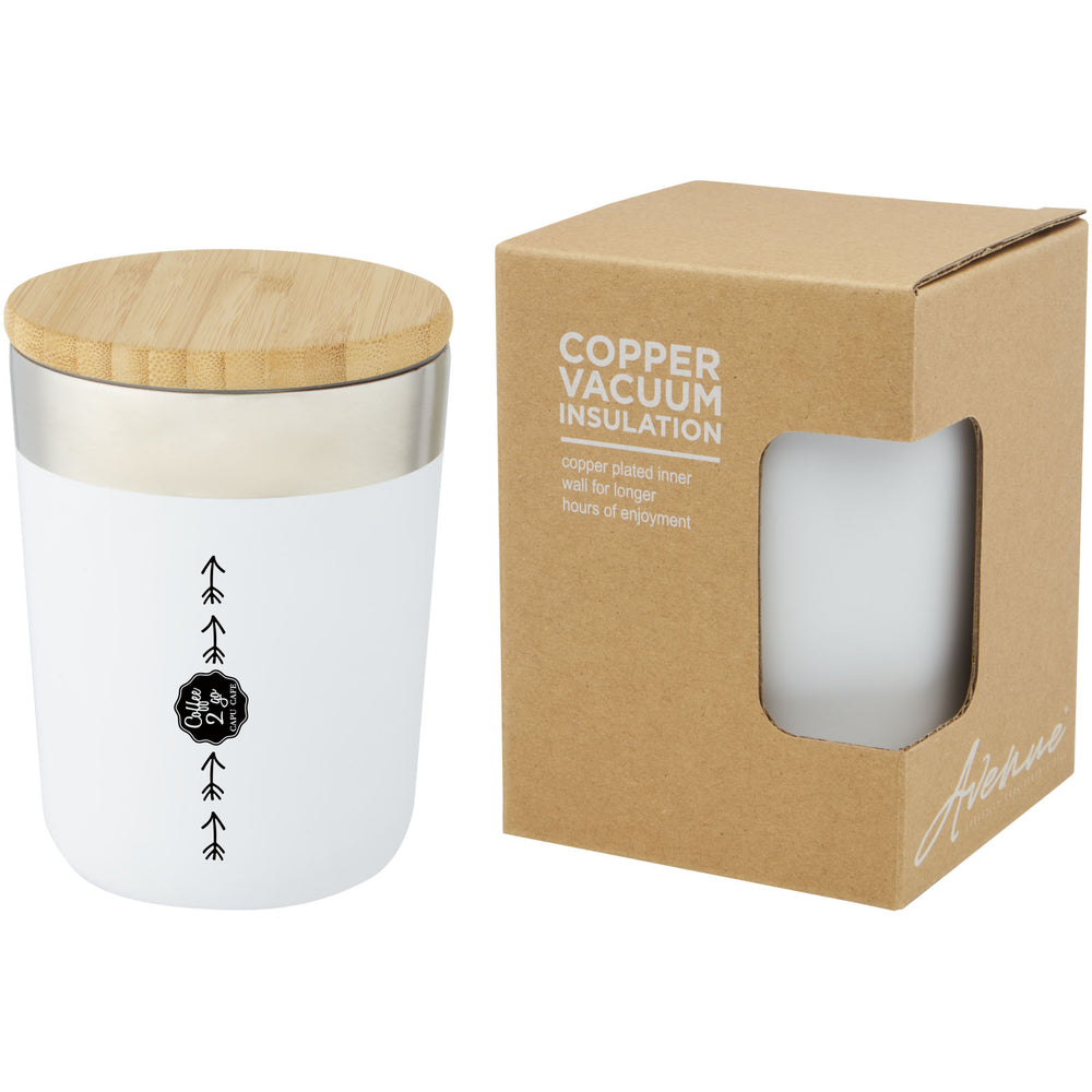 Branded Lagan 300 ml copper vacuum insulated stainless steel tumbler with bamboo lid