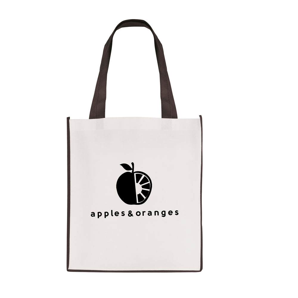 Branded White non woven PP shopper with coloured piping trim and handles