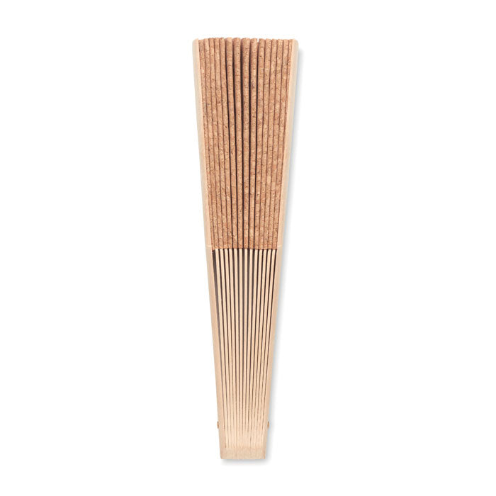 Branded Wood hand fan with cork fabric