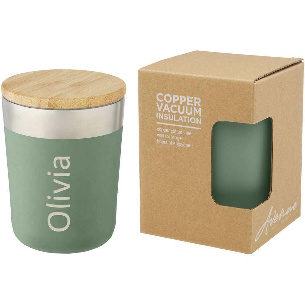 Branded Lagan 300 ml copper vacuum insulated stainless steel tumbler with bamboo lid