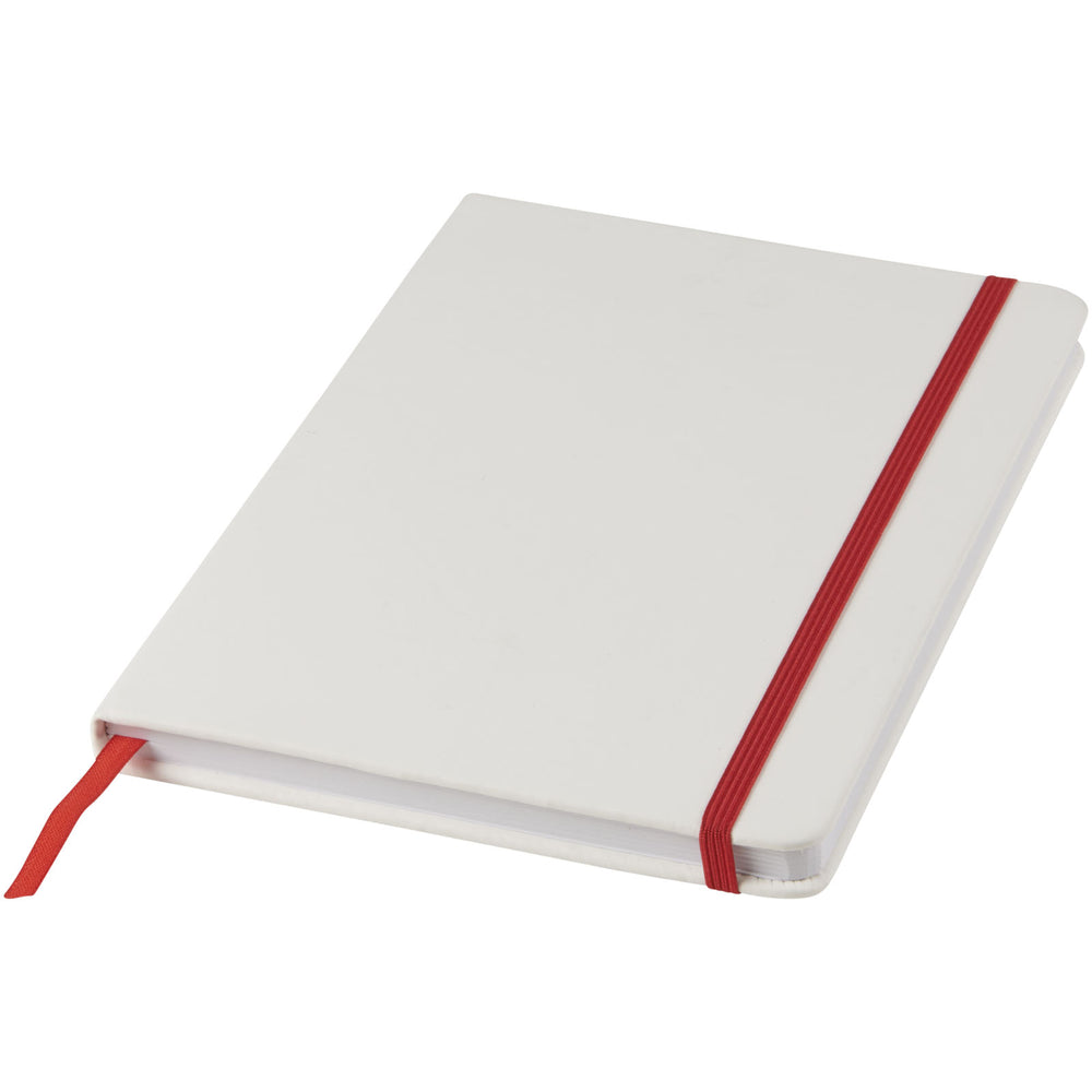 Branded Spectrum A5 white notebook with coloured strap