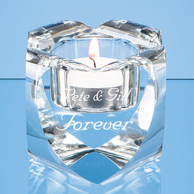 6cm Clear Glass Heart Tea-light holder flaunting a delicately engraved message to loved ones