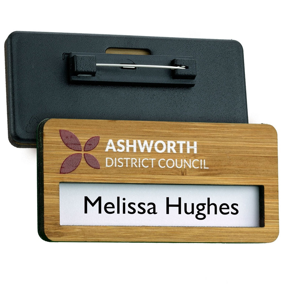 Bamboo Reusable Window Name Badge with Pin Fitting - 73mm x 35mm