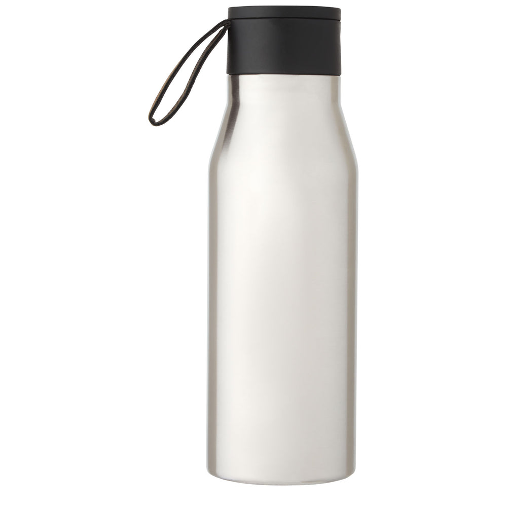 Branded Ljungan 500 ml copper vacuum insulated stainless steel bottle with PU leather strap and lid