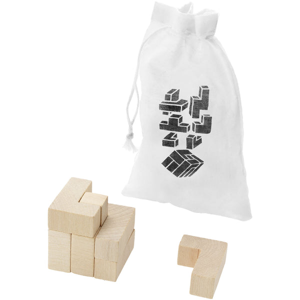 Branded Solfee wooden squares brain teaser with pouch