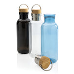 Branded GRS RPET bottle with bamboo lid and handle