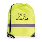 Branded Fluorescent drawstring bag with reflective strip. 210D polyester