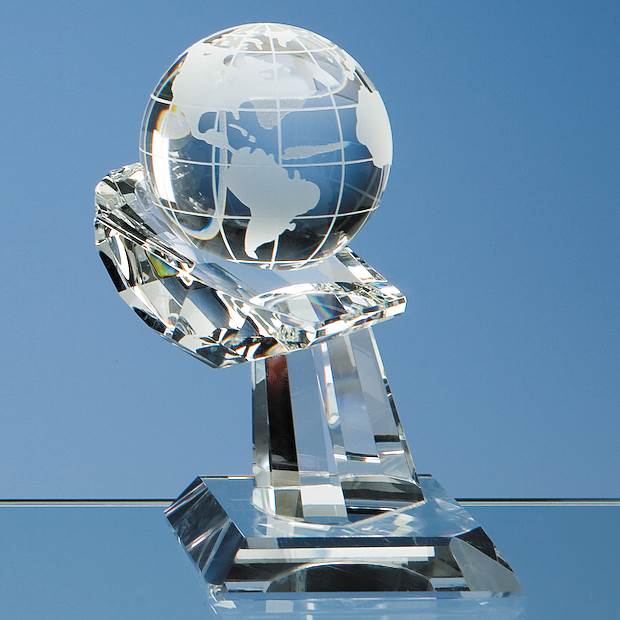 Branded 6cm Optical Crystal Globe on Mounted Hand Award