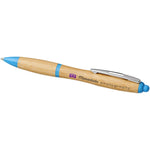 Nash bamboo ballpoint pen with Blue accents and branding to the barrel