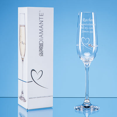 Glass Champagne Flute etched with a heart design with gift box