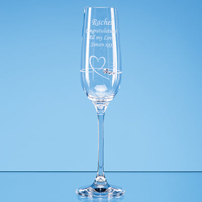 Champagne Glass Flute with Heart Design etched in featuring crystals and a engraved message to loved ones