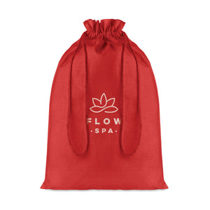 Large Cotton draw cord bag in red with branding to the front