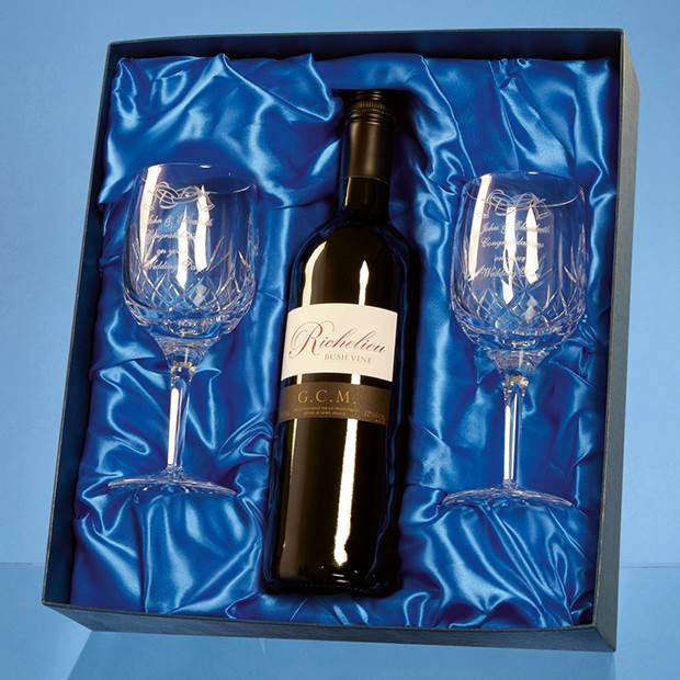 Branded Double Goblet Gift Set with a 75cl Bottle of Red Wine
