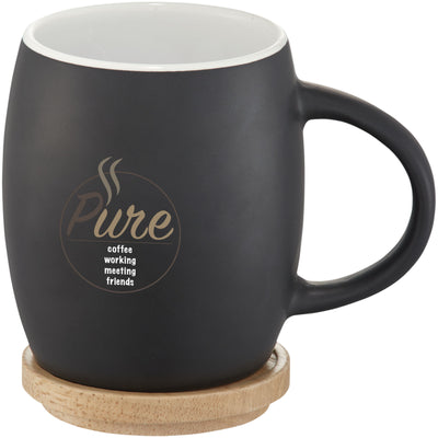 Branded Hearth 400 ml ceramic mug with wooden coaster/lid