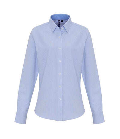Premier Ladies Long Sleeve Striped Oxford Shirt White/Oxford Blue
